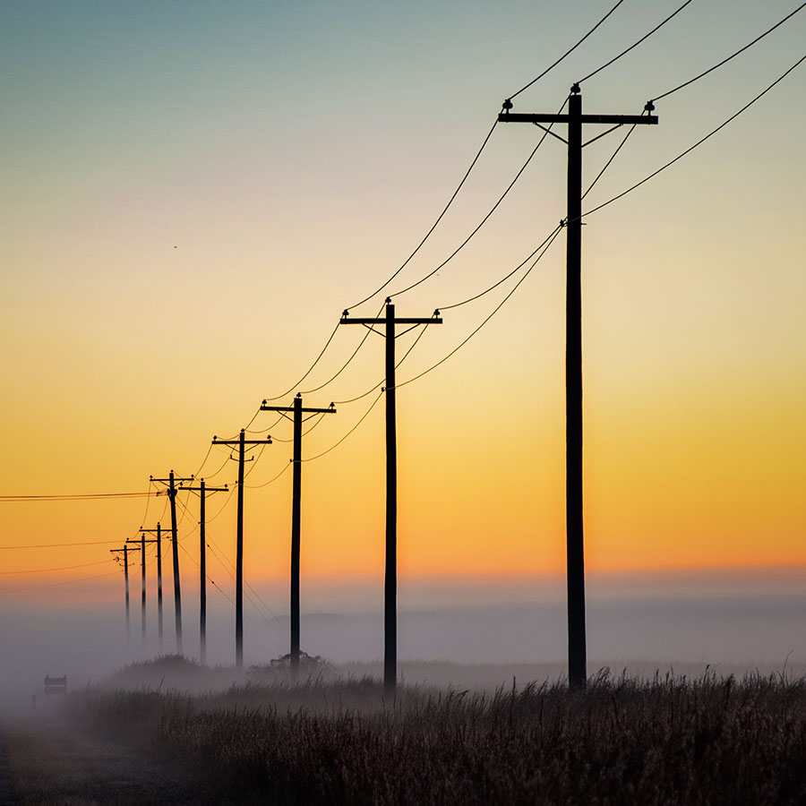 Utility poles on road with fog
